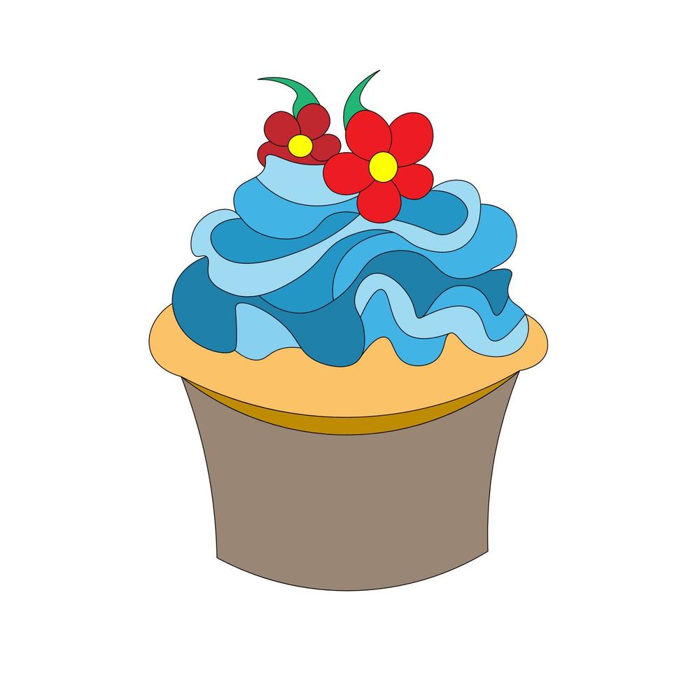 biscuit cake in a basket, with blue cream of whipped cream on top, decorated with red flowers. beautiful and sweet dessert. Vector. vector