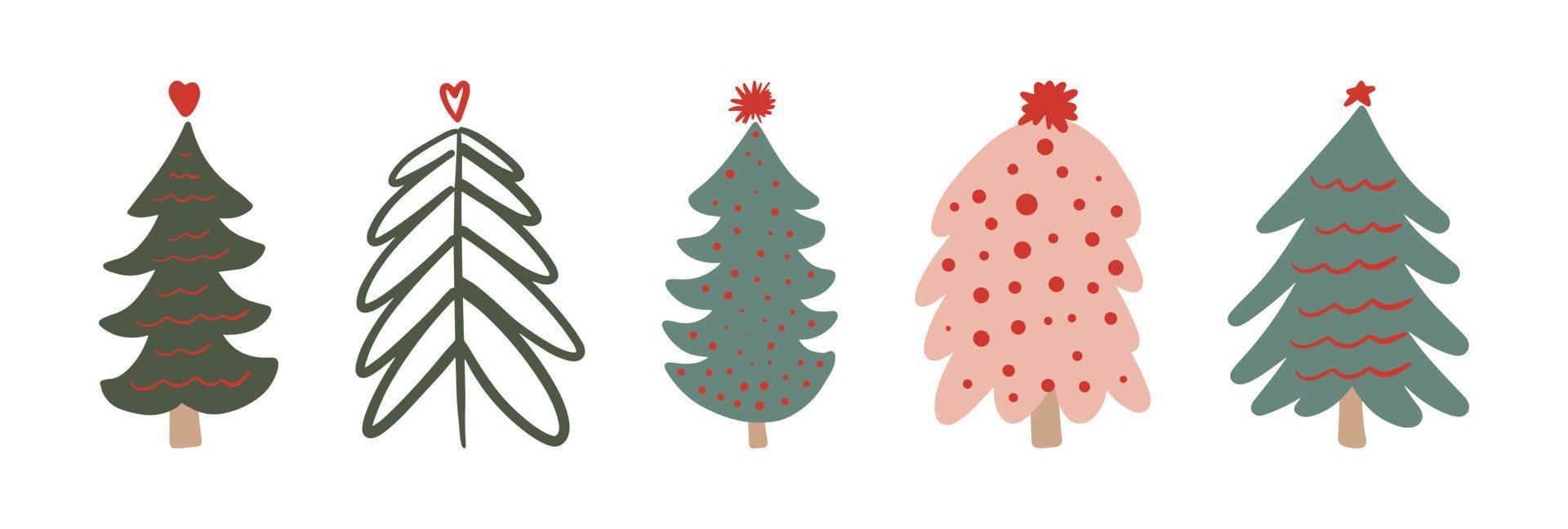 Set of simple minimalistic Christmas tree hand drawn childish doodle. Festive New Year, winter holiday design element collection vector