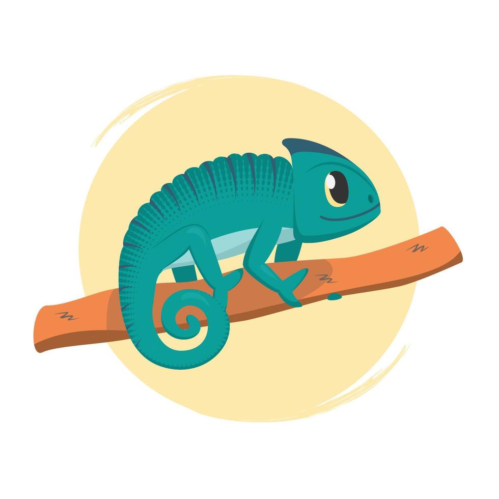 Cute Cartoon Chameleon on Tree Branch vector