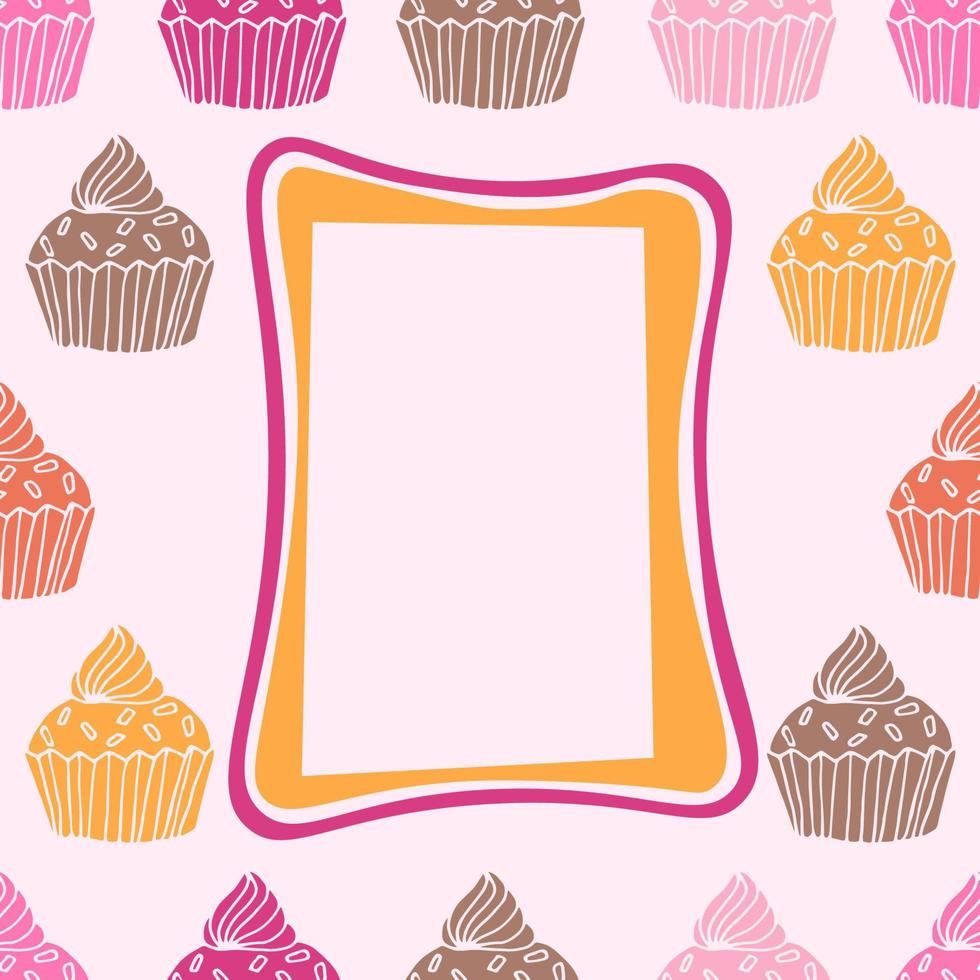 marco de cupcake lindo brillante. tarjeta de invitación con tortas dibujadas a mano. vector