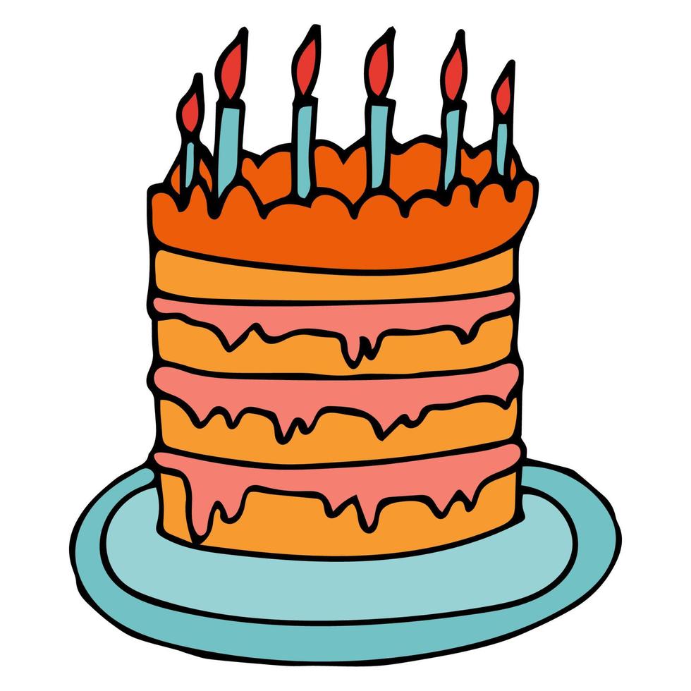 Pastel de cumpleaños de doodle de dibujos animados con velas aisladas sobre fondo blanco. vector