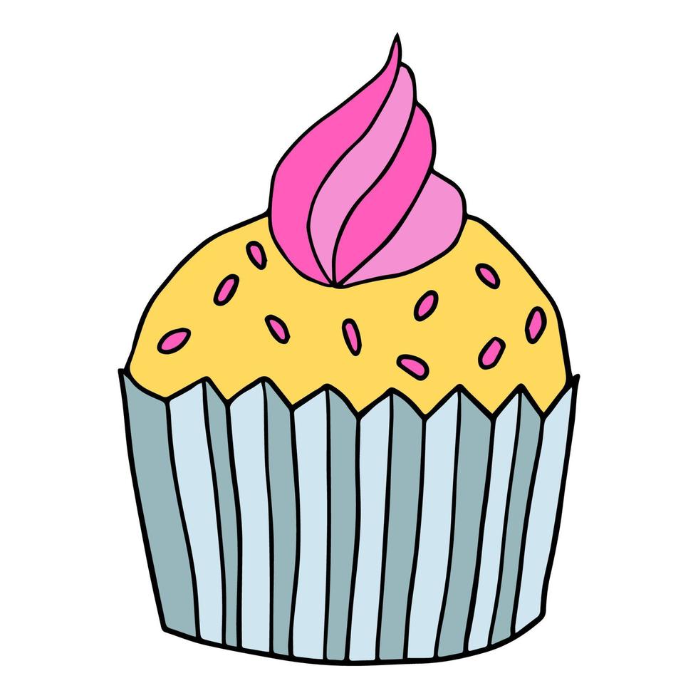 Cute hand drawn cupcake icon. Cake of black thin line contour isolated on white background. vector