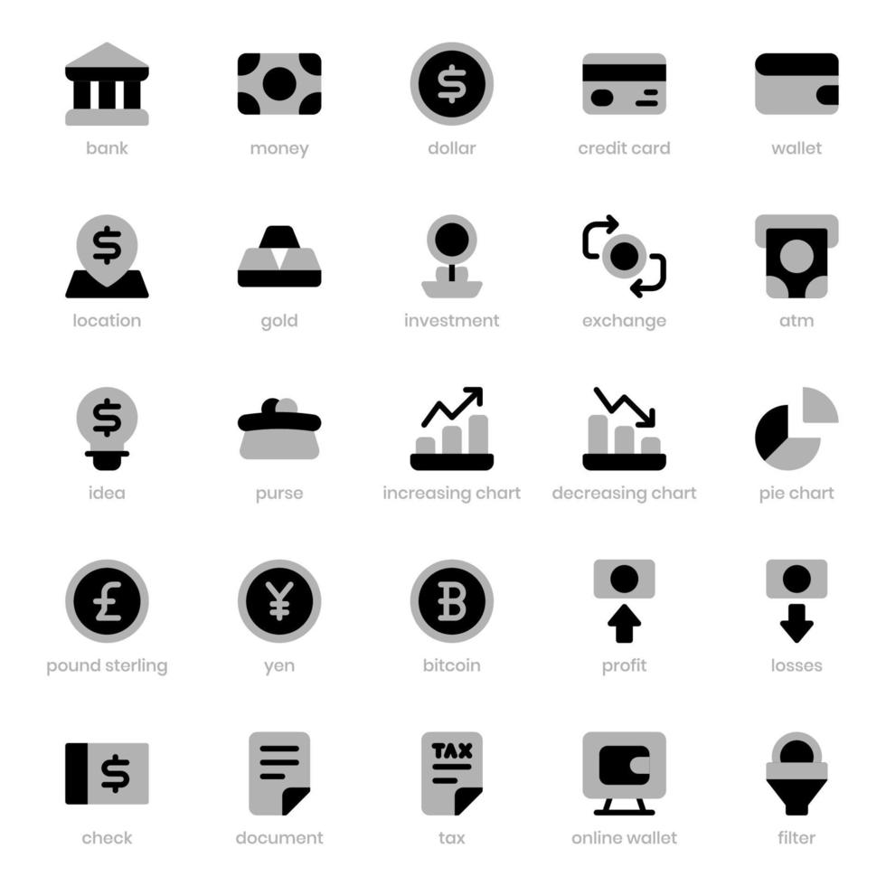 paquete de iconos de finanzas y moneda para el diseño de su sitio web, logotipo, aplicación, ui. icono de finanzas y moneda diseño de tono dúo. Ilustración de gráficos vectoriales y trazo editable. vector