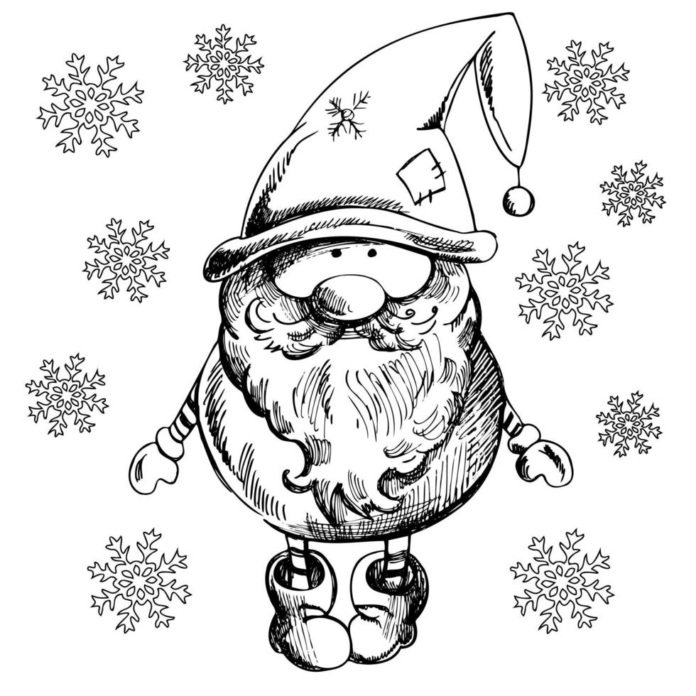 A hand-drawn gnome for New Year or Christmas with snowflakes. The Scandinavian gnome. Vintage vector illustration.