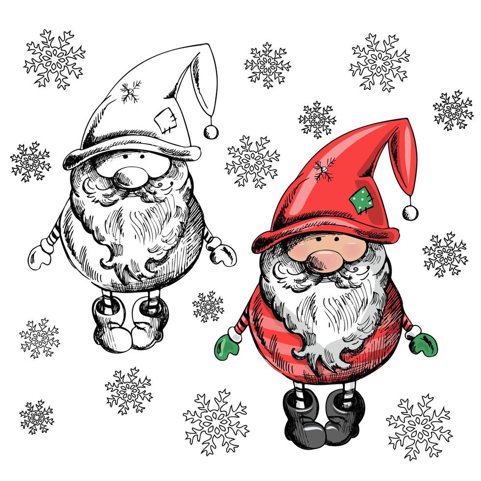 A hand-drawn gnome for New Year or Christmas with snowflakes. The Scandinavian gnome. Vintage vector illustration.