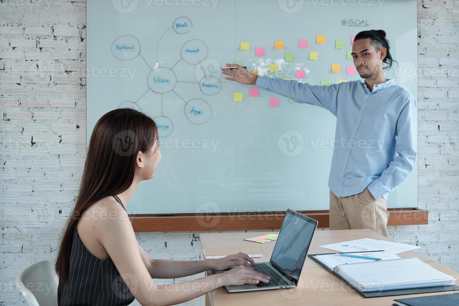 Two colleagues and coworkers of Asian ethnicity brainstorm and meeting finance project discuss with business plan in conference room with colorful sticky notes paper on writing board in the office. photo