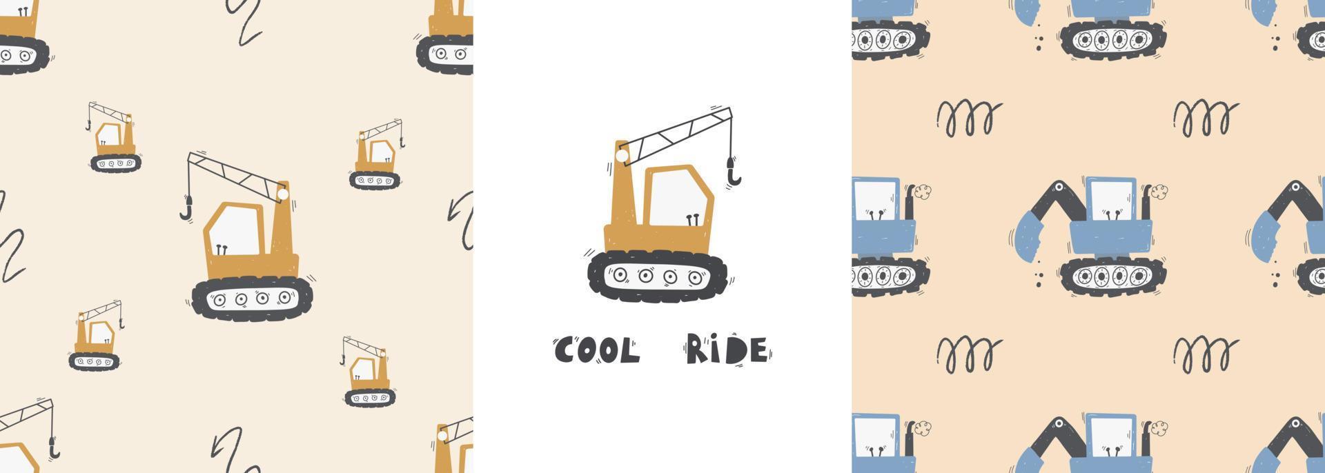 Cute children's seamless pattern with trucks and diggers in Scandinavian style on a white background. Building equipment. Funny construction transport Digital paper vector