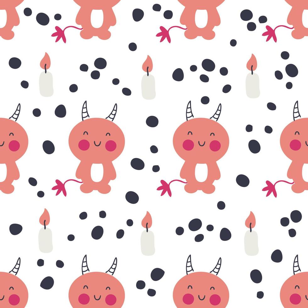 Hand drawn red devils seamless pattern with spots and candles. vector