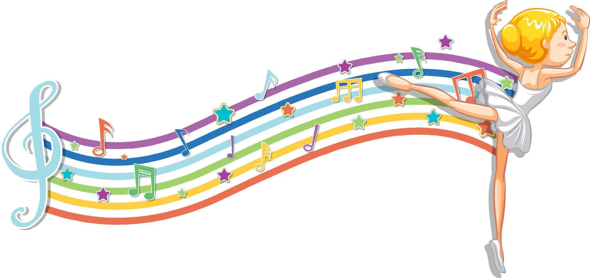 Ballerina with melody symbols on rainbow wave vector