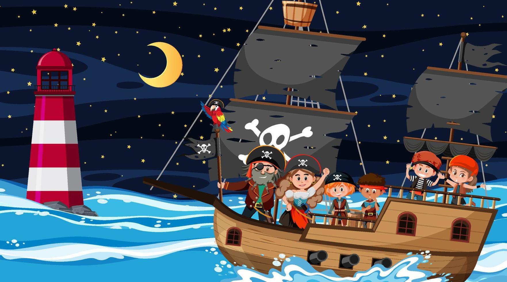 Escena del océano en la noche con niños piratas en el barco. vector