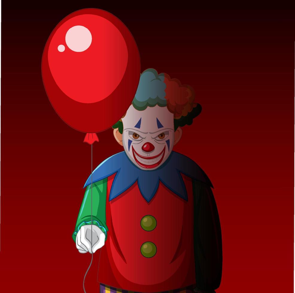 Payaso espeluznante sosteniendo globo sobre fondo rojo. vector