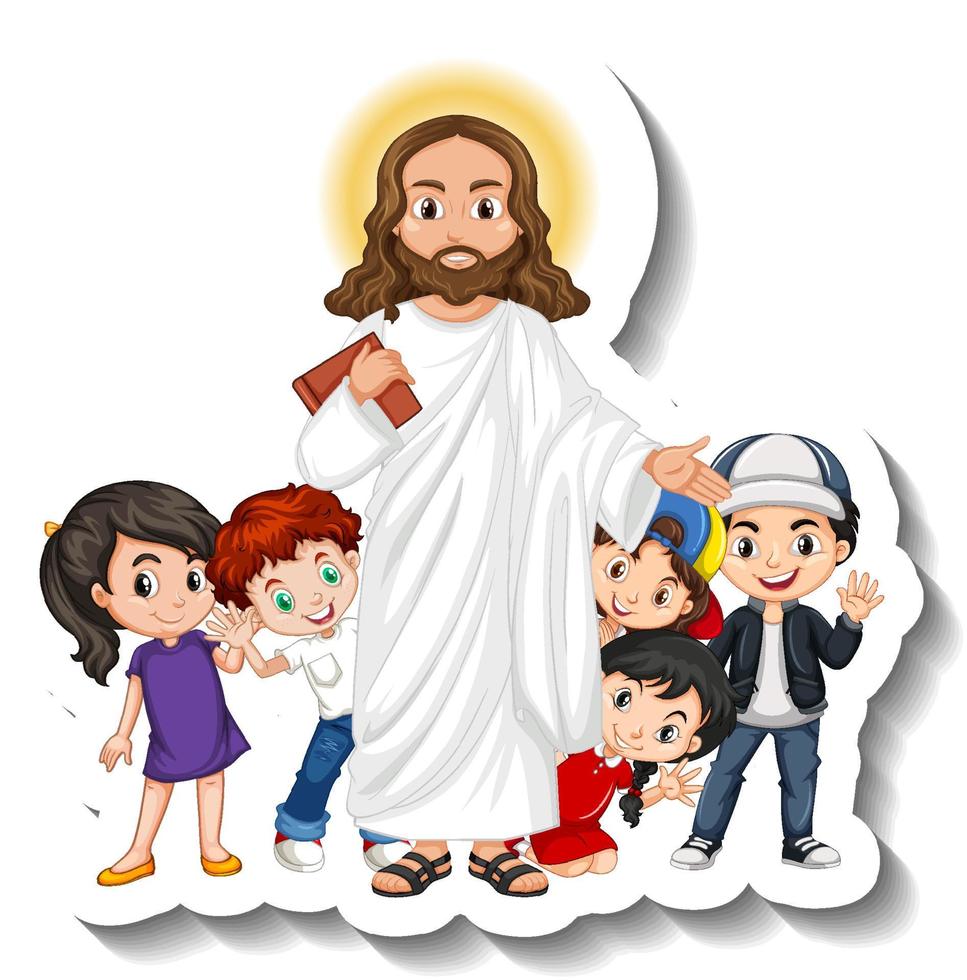 Jesucristo con el grupo de niños pegatina sobre fondo blanco. vector