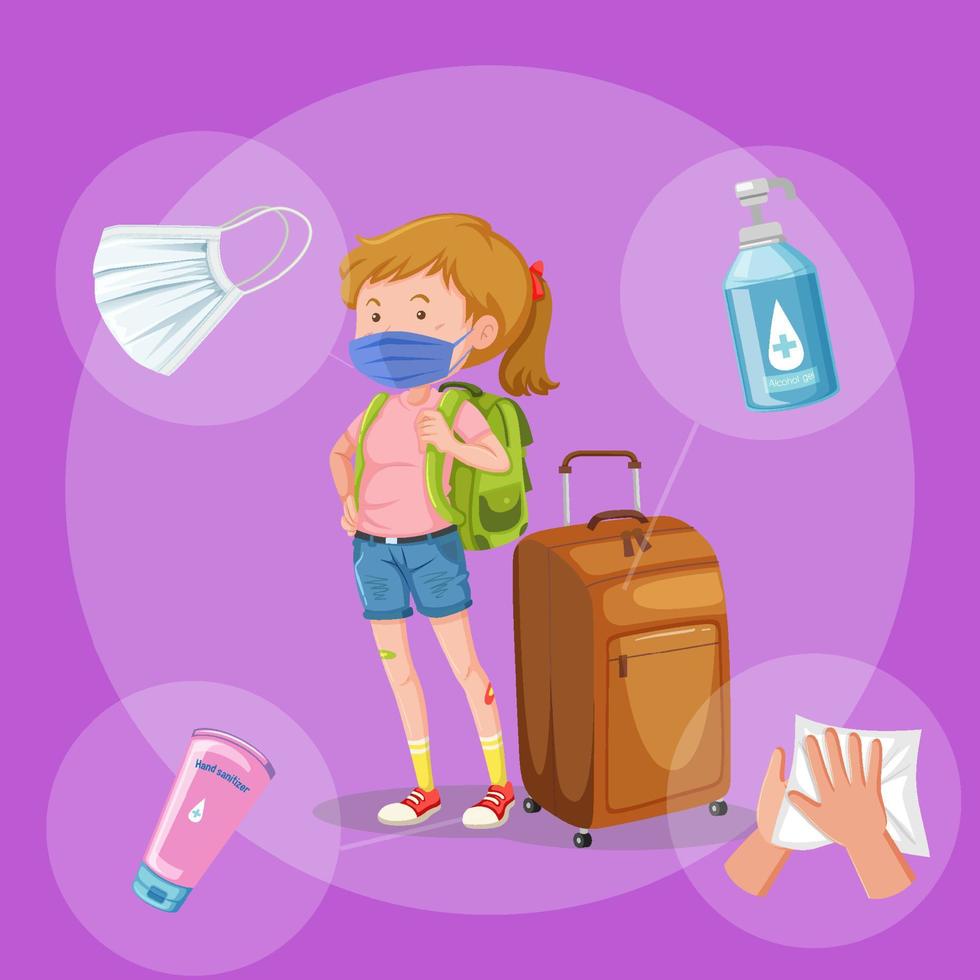 A girl travelling cartoon character with covid-19 travel safety kits vector