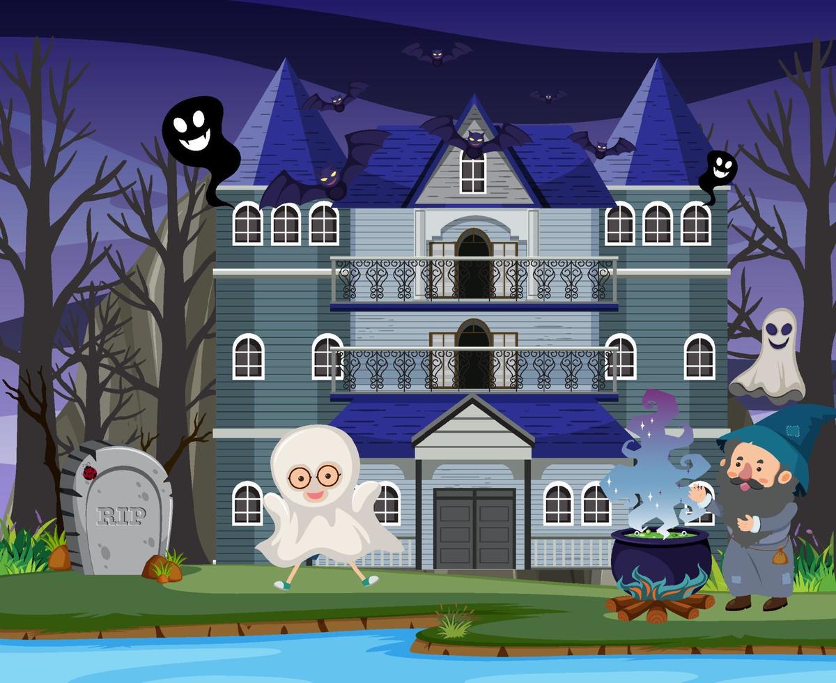 escena con mansión embrujada de halloween en la noche vector