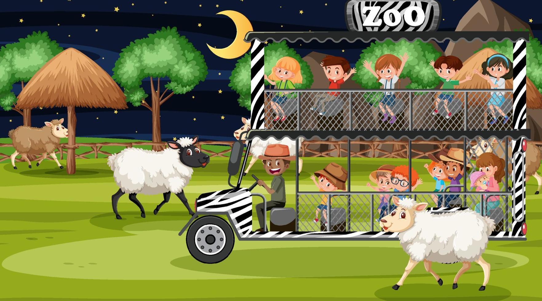 Safari at night time scene with children watching sheep group vector