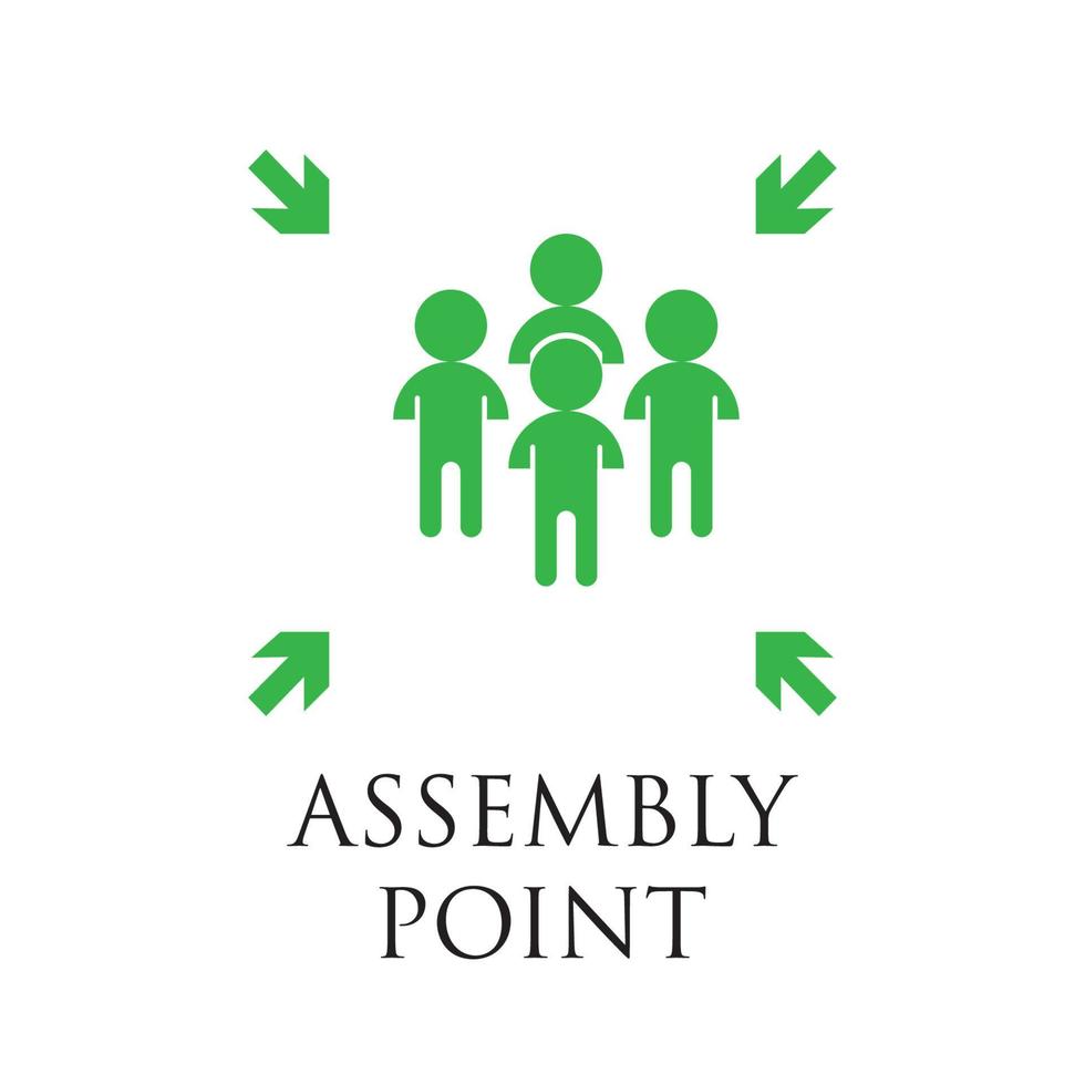 Emergency evacuation assembly point sign, gathering point signboard, vector illustration.