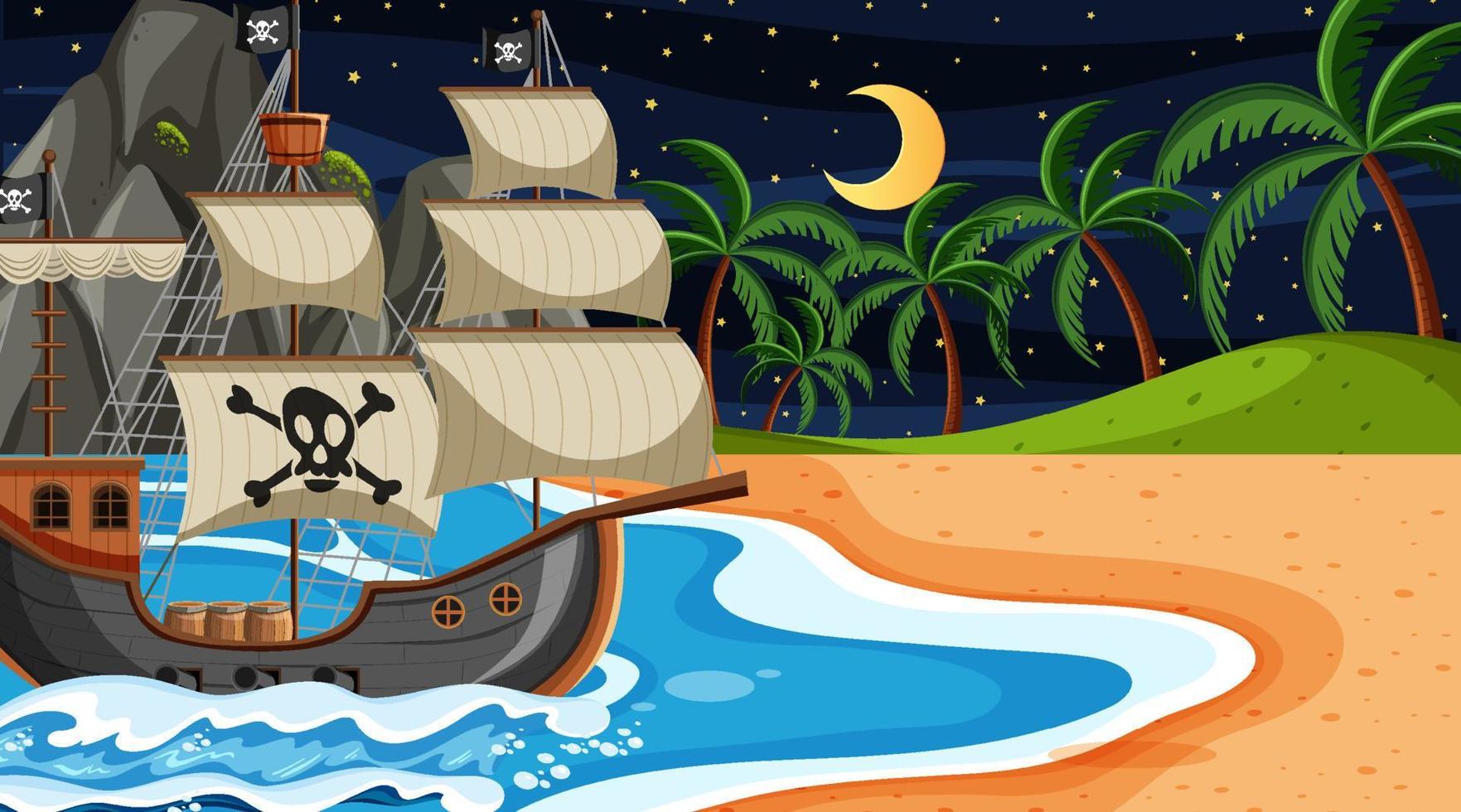 Ocean with Pirate ship at night scene in cartoon style vector