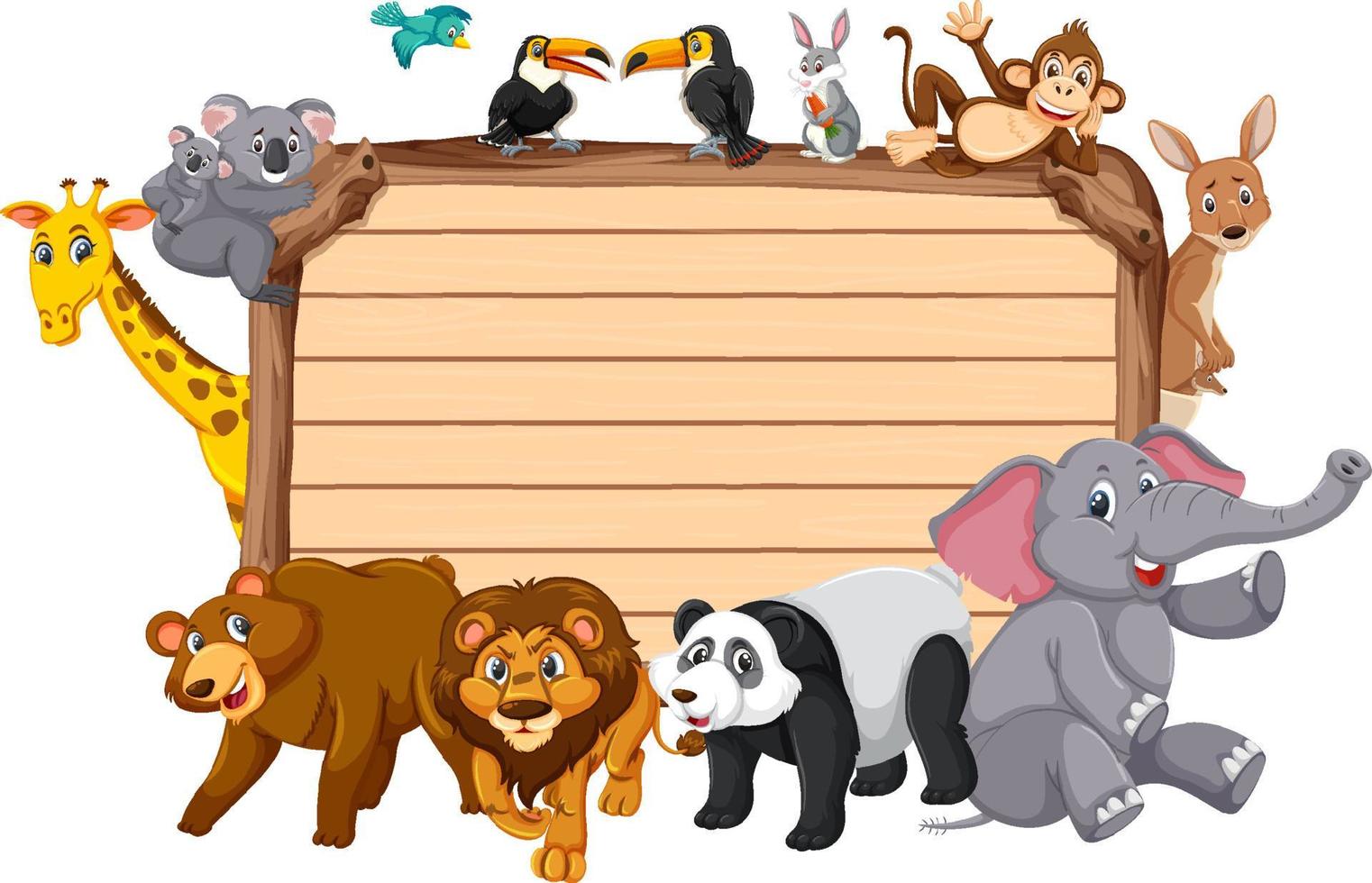 Empty wooden board with various wild animals vector