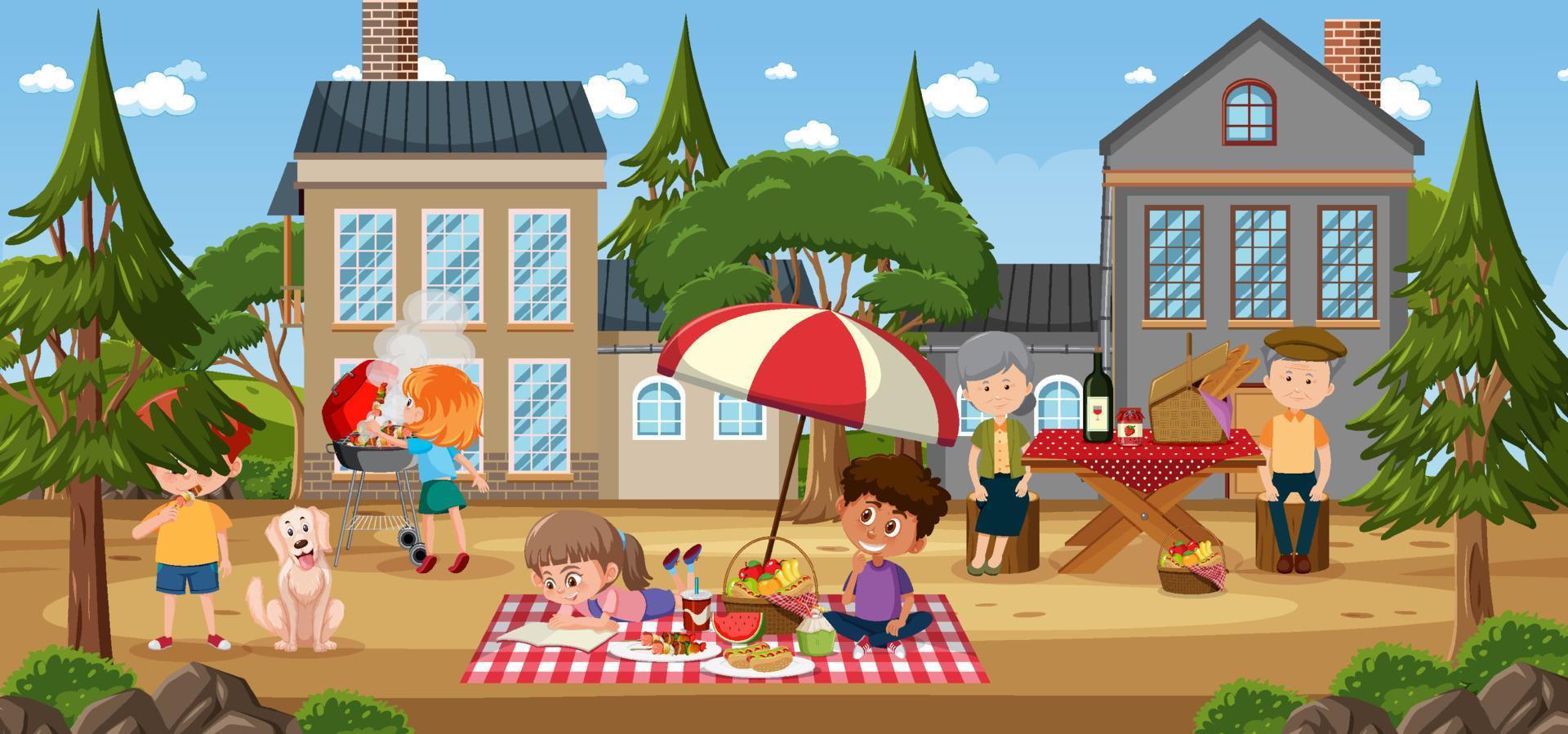 Happy family picnic at the yard vector