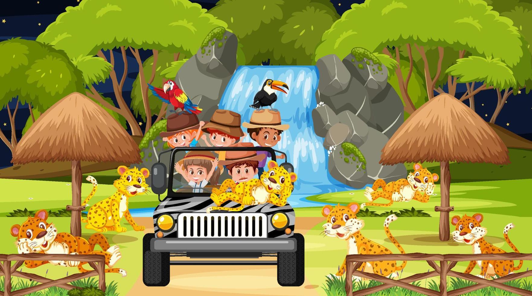 Grupo de leopardos en escena de safari con niños en el coche turístico. vector