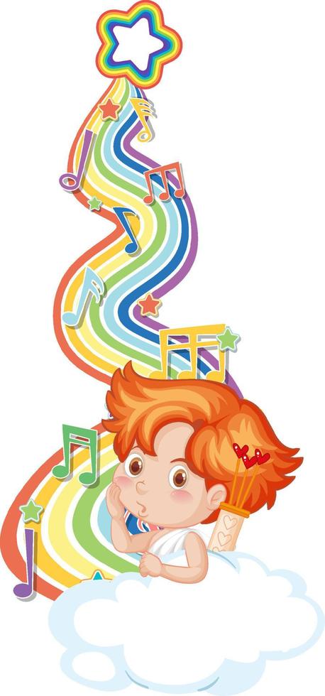 Cupid boy with melody symbols on rainbow wave vector