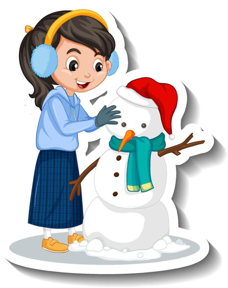 Girl building a snowman cartoon sticker vector