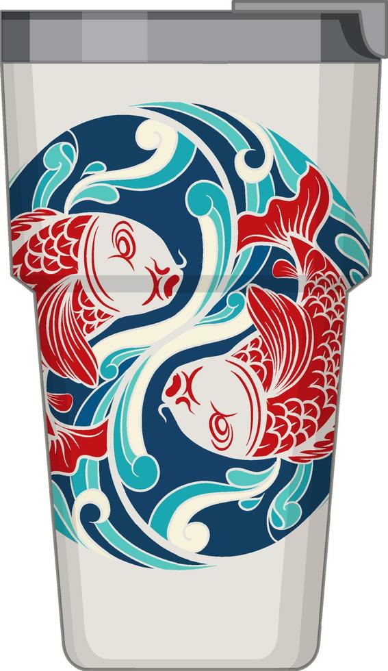 A white thermos flask with koi carp pattern vector