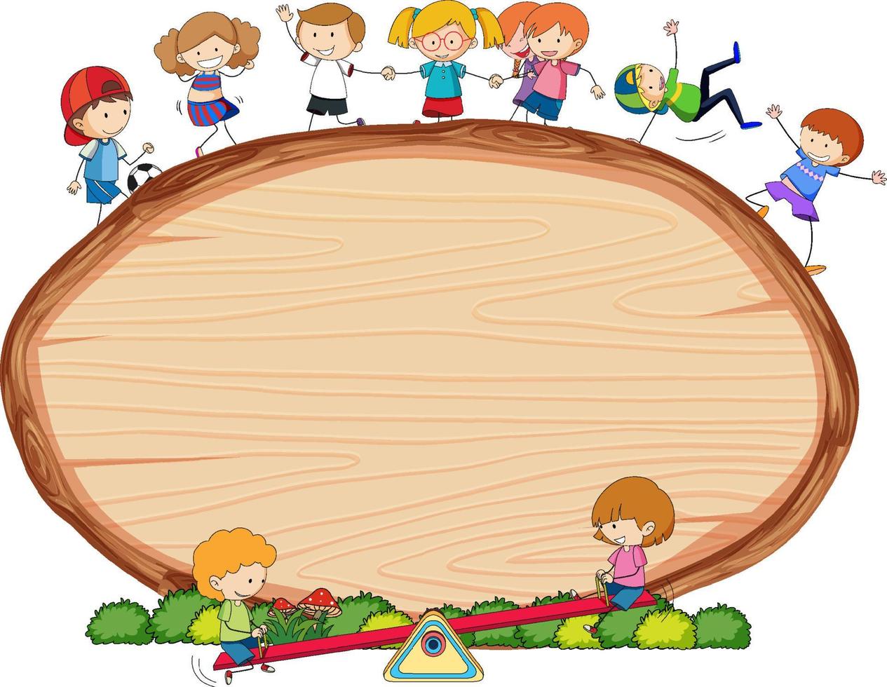 Blank wooden board in oval shape with kids doodle cartoon character vector