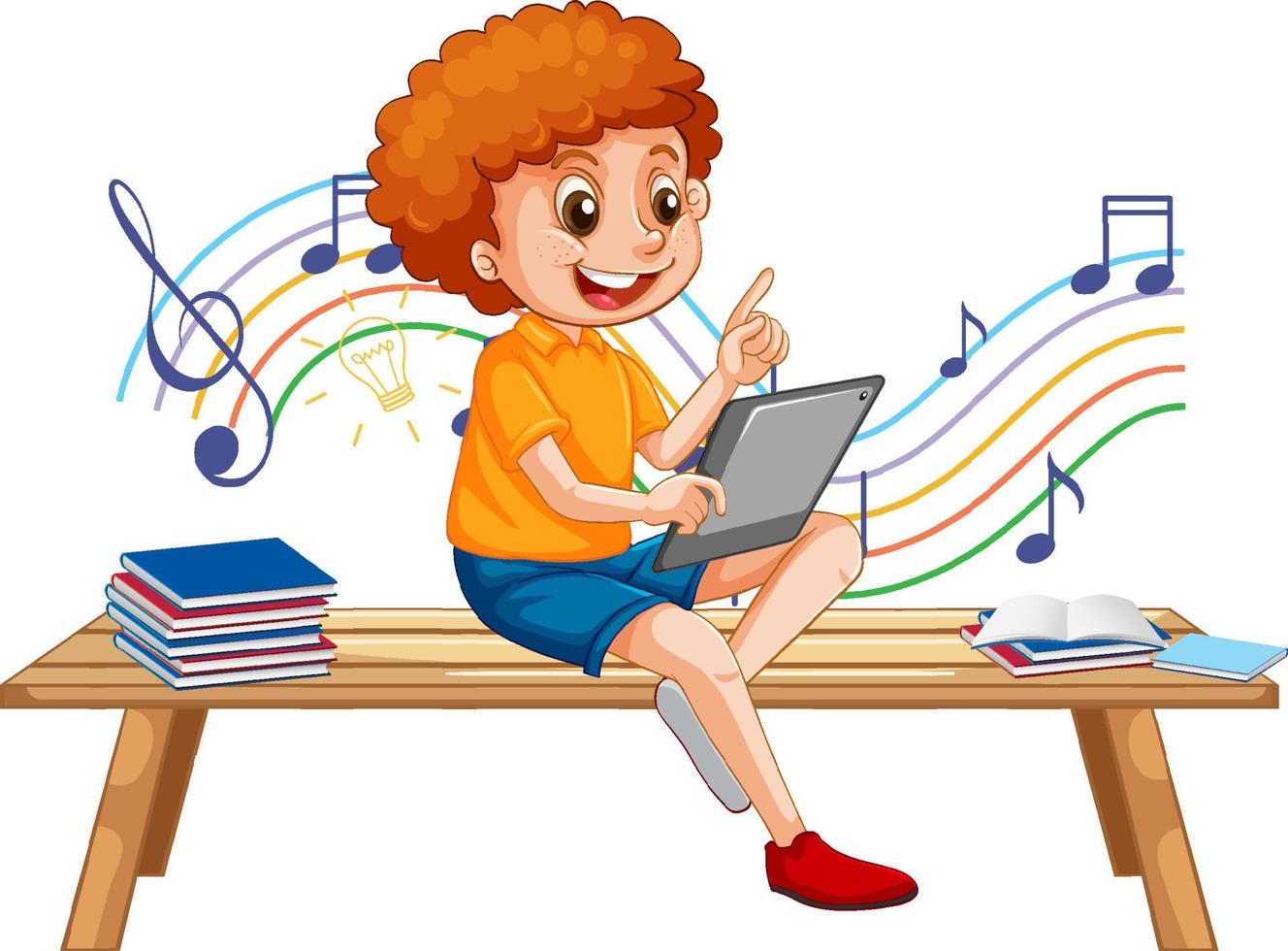 Boy sitting on bench learning from tablet vector