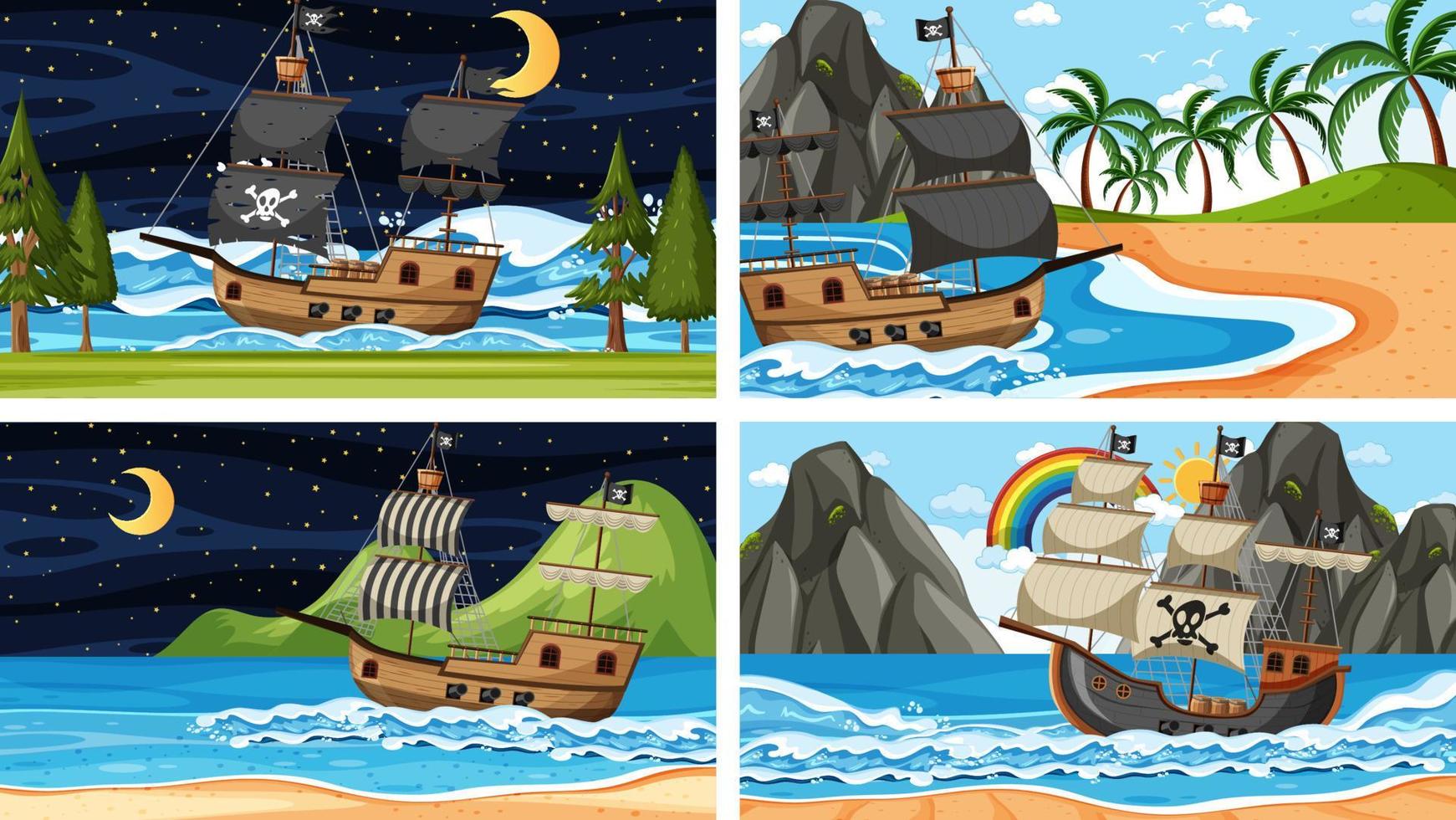 Set of different beach scenes with pirate ship vector