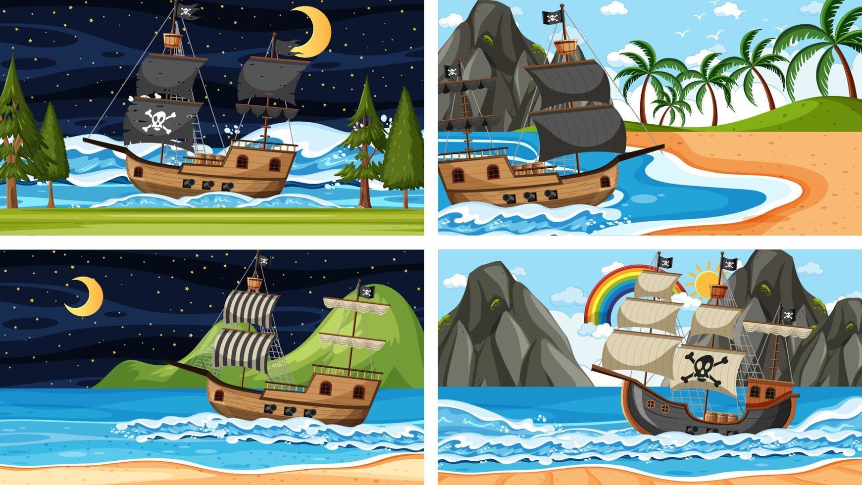 Conjunto de diferentes escenas de playa con barco pirata. vector