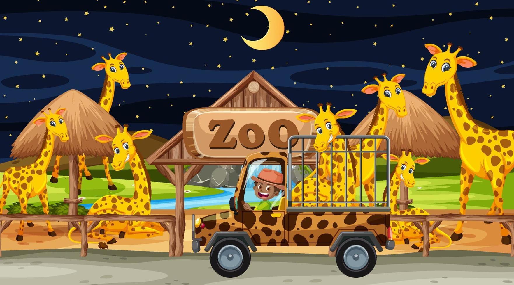 Safari at night scene with giraffe group in the cage car vector