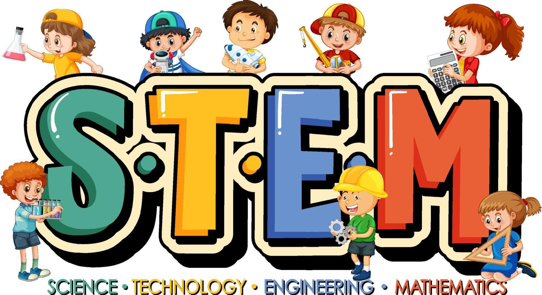 STEM education logo with many children cartoon character vector