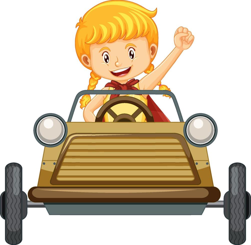 Una niña conduciendo un mini coche de juguete sobre fondo blanco. vector