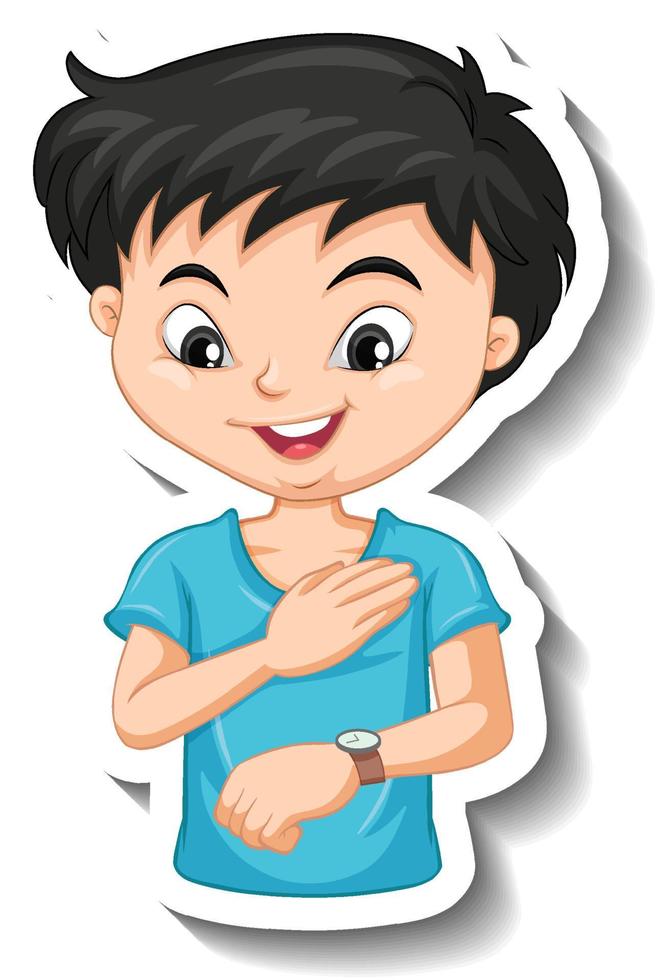 Sticker a boy cartoon character looking at wristwatch vector