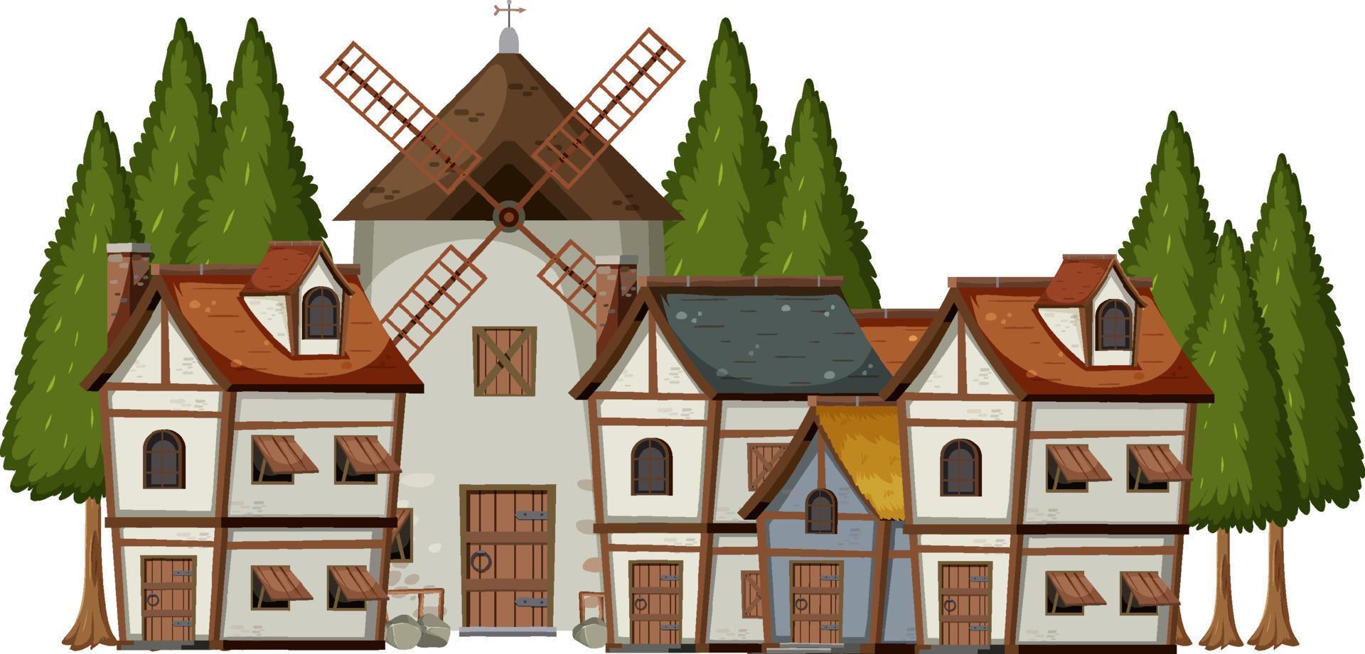 Medieval village scene on white background vector