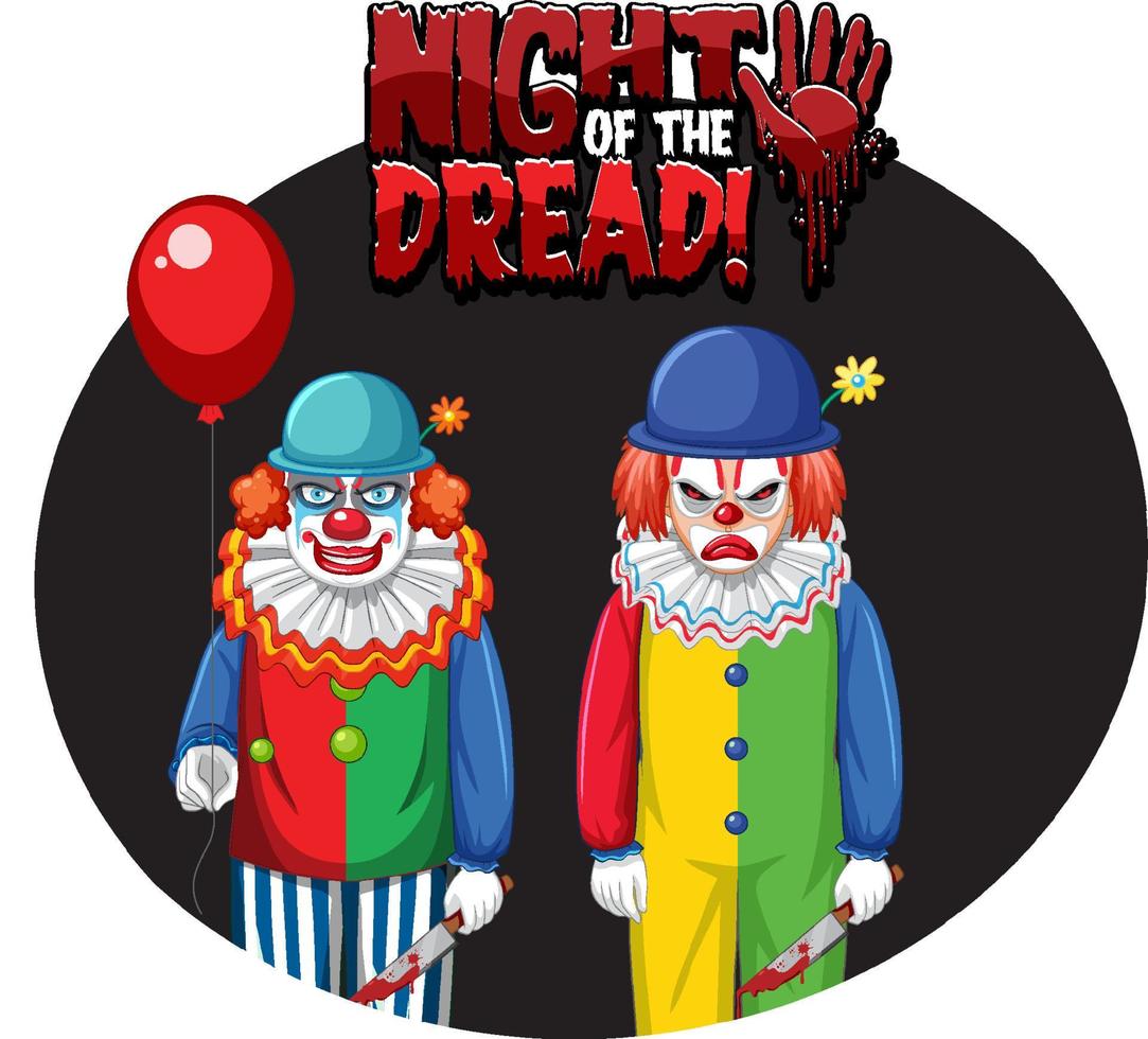 Night of the dread badge with two creepy clowns vector