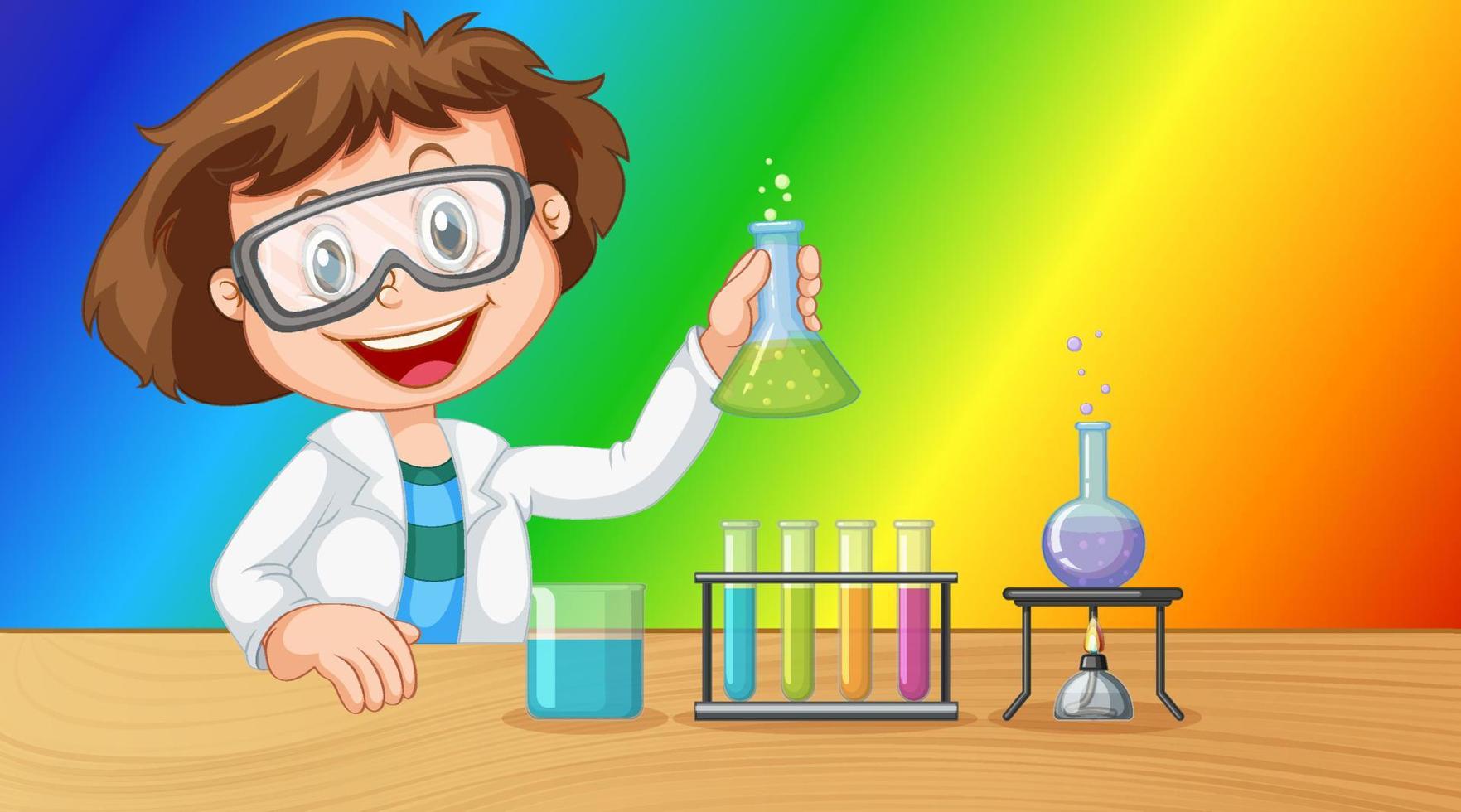 Scientist girl cartoon character on rainbow gradient background vector
