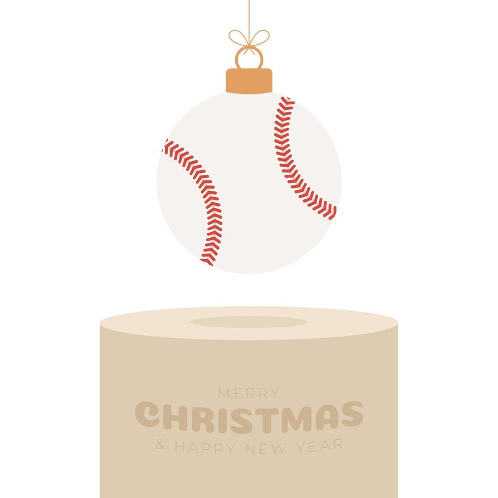 béisbol deporte pedestal de adorno navideño. Feliz Navidad tarjeta de felicitación deportiva. colgar de una pelota de béisbol de hilo como una bola de Navidad en el podio de oro sobre fondo blanco. Ilustración de vector de deporte.