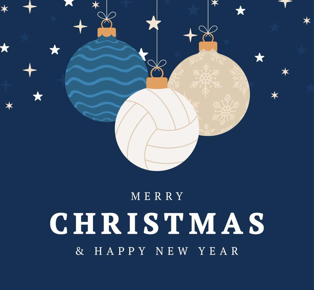 tarjeta de felicitación de navidad de voleibol. Feliz navidad y próspero año nuevo banner deportivo de dibujos animados planos. pelota de voleibol como una pelota de Navidad en el fondo. ilustración vectorial. vector