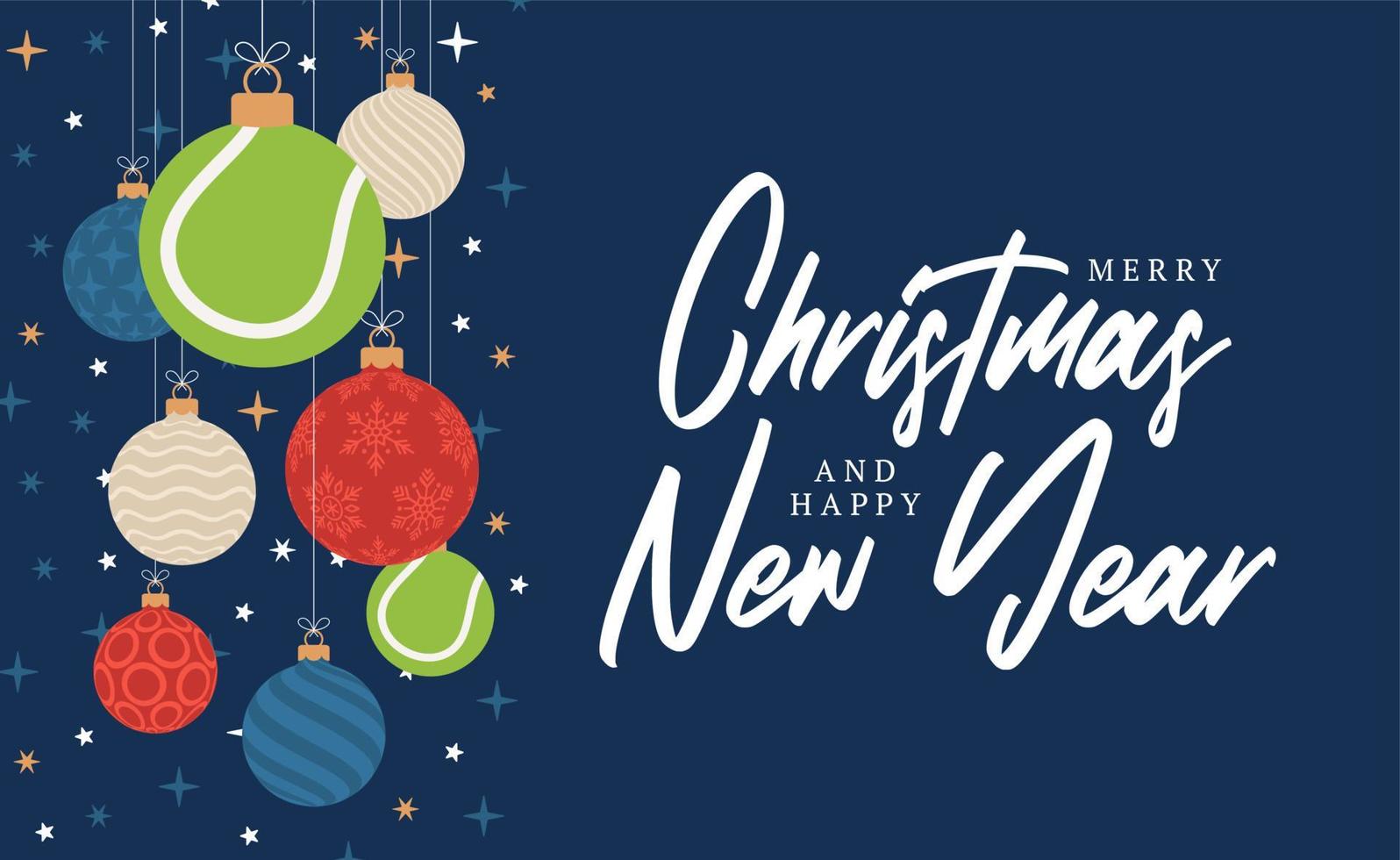 tarjeta de felicitación de navidad de tenis. Feliz navidad y próspero año nuevo banner deportivo de dibujos animados planos. pelota de tenis como una pelota de Navidad en el fondo. ilustración vectorial. vector