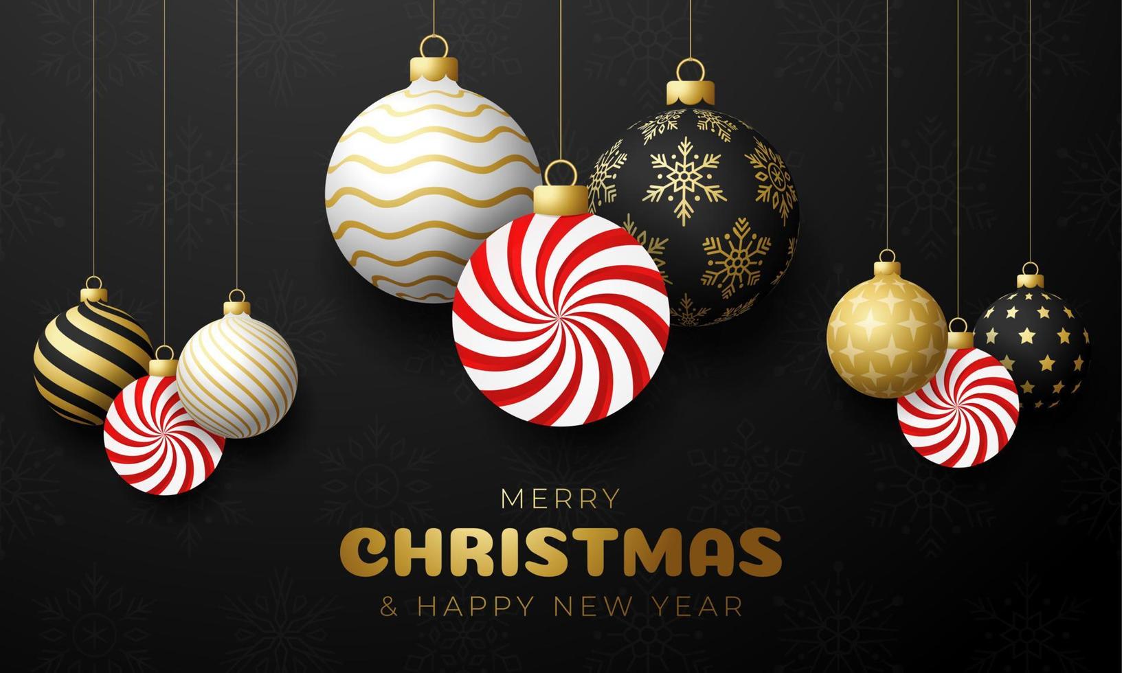 Candy Christmas card. Merry Christmas sweet greeting card. Hang on a thread mint candy lollipop ball as a xmas ball and golden bauble on black horizontal background. Vector illustration.