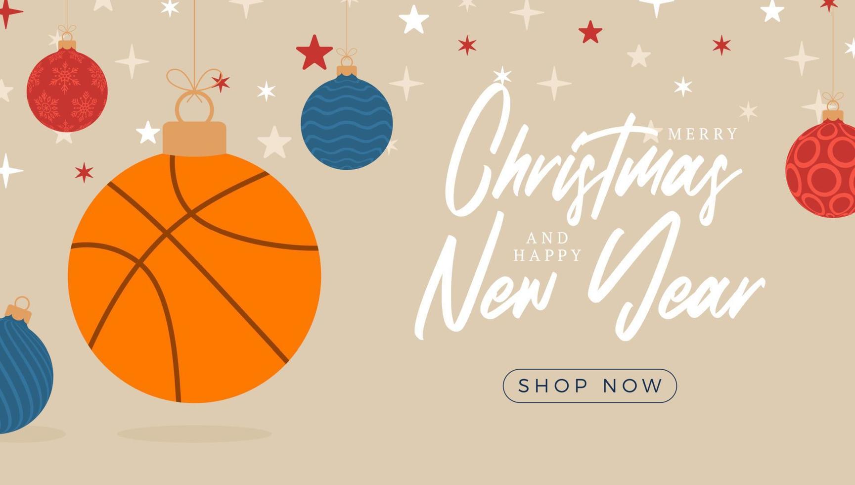 Basketball christmas greeting card. Merry Christmas and Happy New Year flat cartoon Sports banner. basketball ball as a xmas ball on background. Vector illustration.