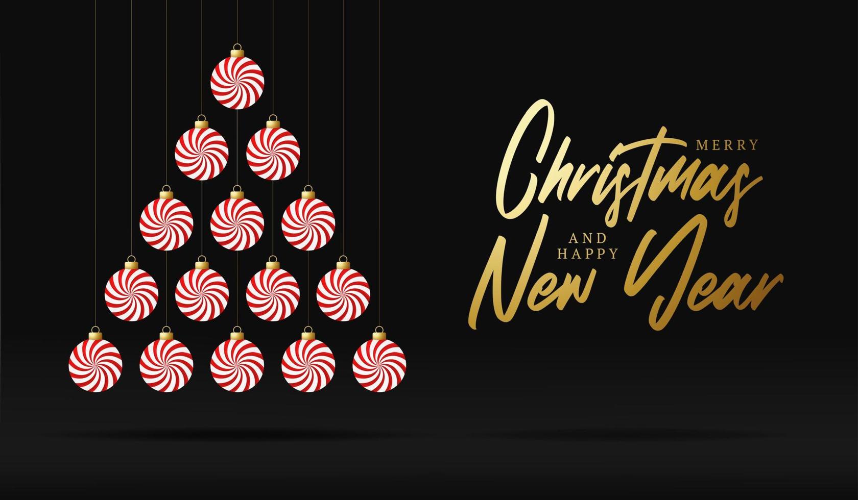 Creative sweet Xmas tree made mint candy bauble balls for Christmas and New Year celebration on luxury black background vector