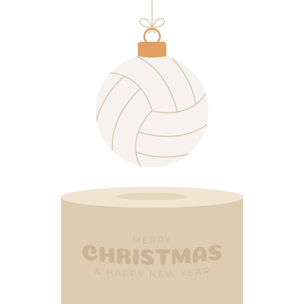volleyball Christmas bauble pedestal. Merry Christmas sport greeting card. Hang on a thread volleyball ball as a xmas ball on golden podium on white background. Sport Vector illustration.