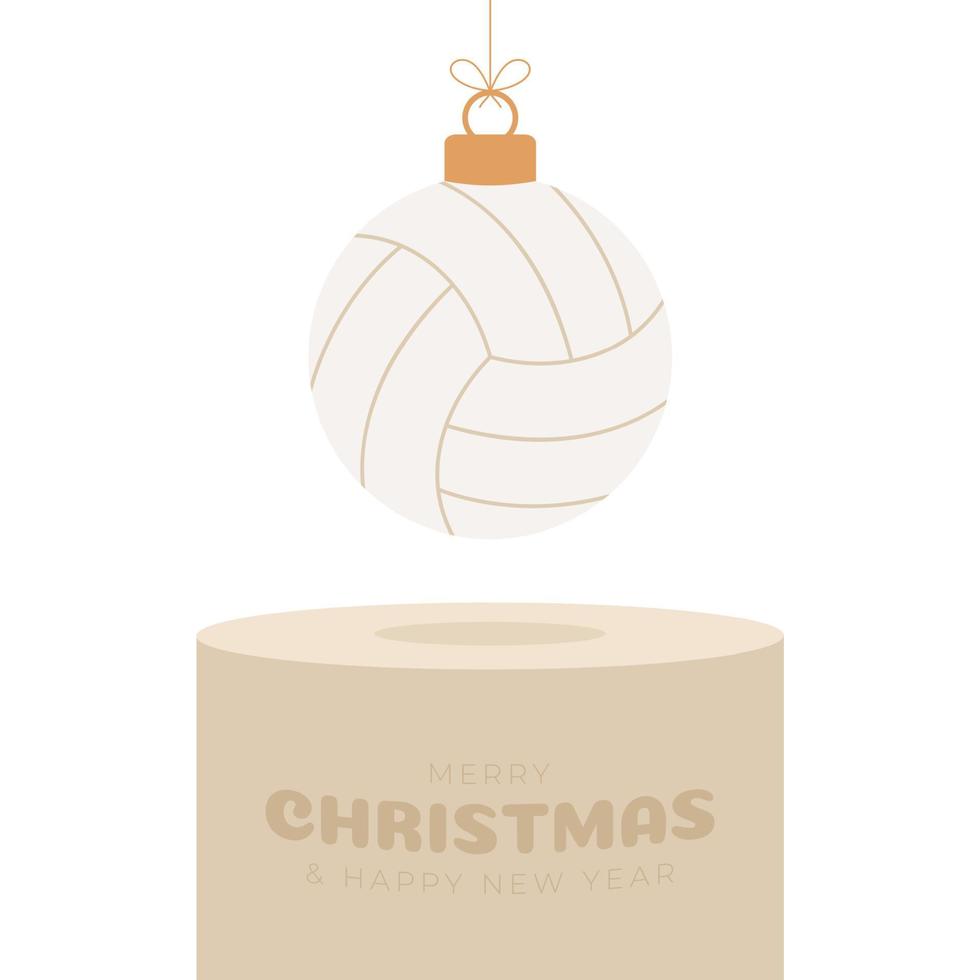 pedestal de adorno navideño de voleibol. Feliz Navidad tarjeta de felicitación deportiva. colgar de una pelota de voleibol de hilo como una pelota de Navidad en el podio dorado sobre fondo blanco. Ilustración de vector de deporte.