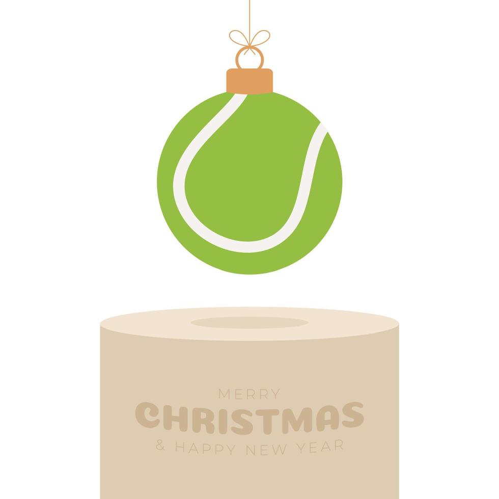 pedestal de adorno navideño de tenis. Feliz Navidad tarjeta de felicitación deportiva. colgar de una pelota de tenis de hilo como una pelota de Navidad en el podio de oro sobre fondo blanco. Ilustración de vector de deporte.