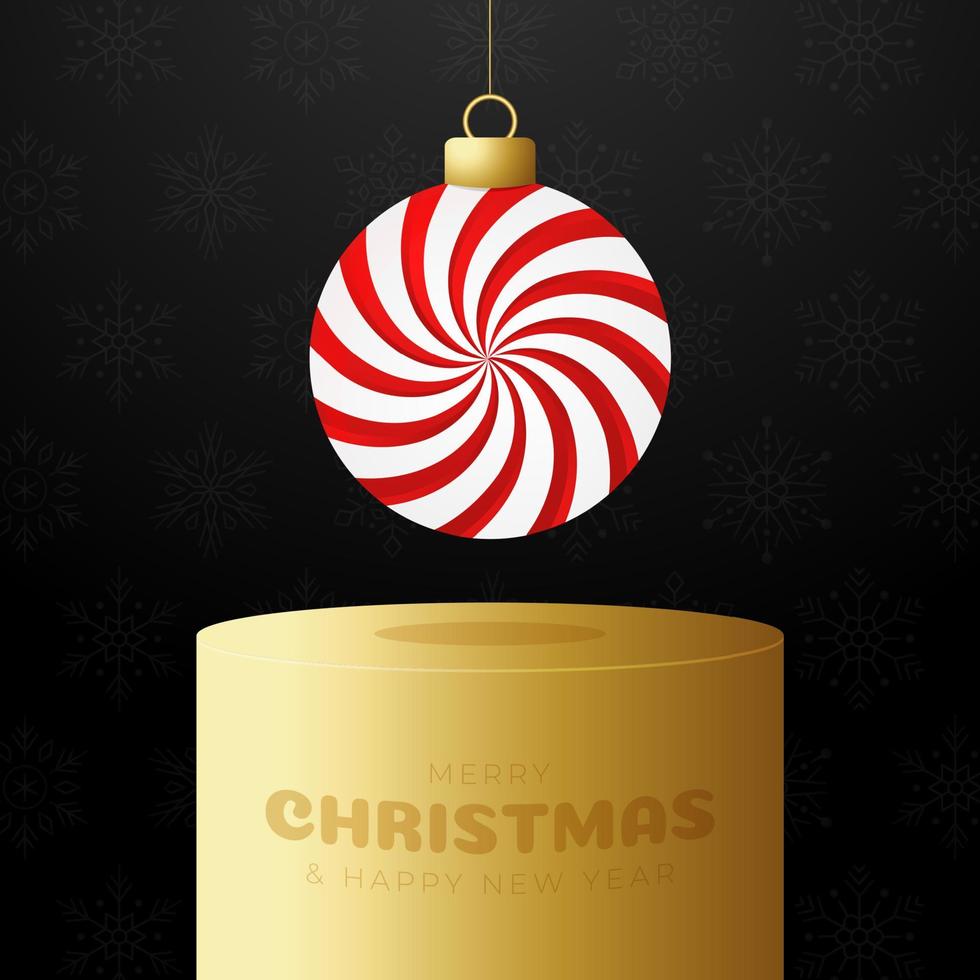 Candy Christmas bauble pedestal. Merry Christmas sweet greeting card. Hang on a thread mint candy lollipop ball as a xmas ball. Vector illustration.