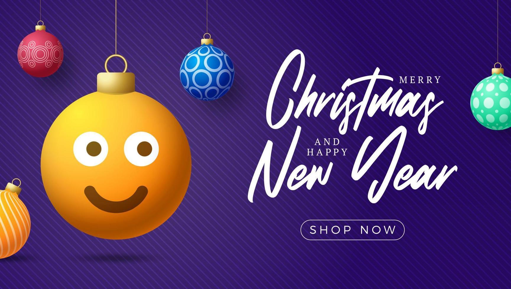 tarjeta de feliz navidad con cara de emoji de sonrisa. Ilustración de vector de estilo plano con letras de Navidad y emoción en bola de Navidad colgando de hilo en el fondo