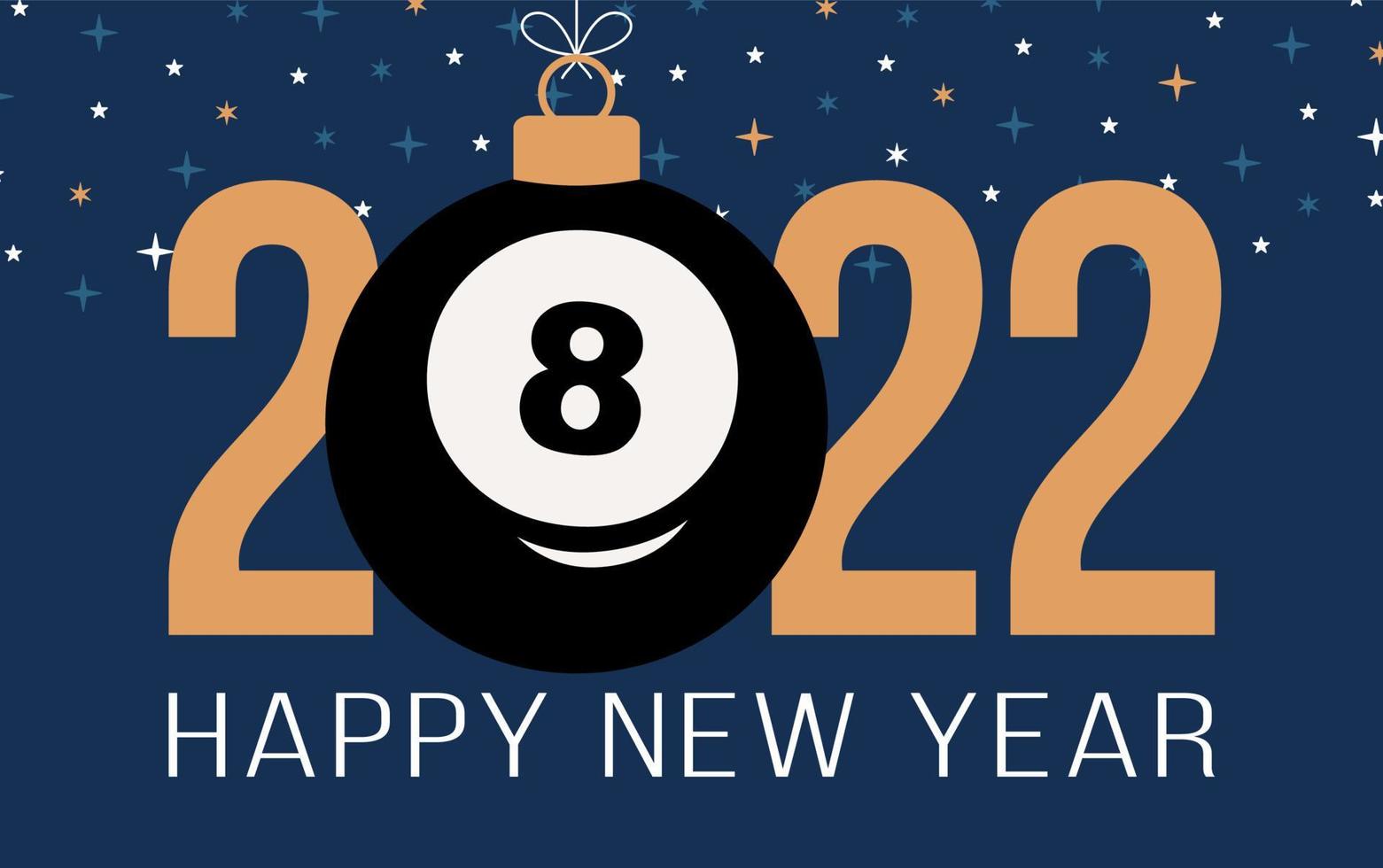 Ilustración de vector de billar feliz año nuevo 2022. tarjeta de felicitación de deportes 2022 de estilo plano con una bola de billar 8 en el fondo de color. ilustración vectorial.